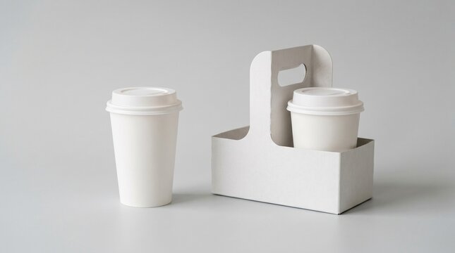 Blank white disposable coffee cups with lids alongside a sturdy cardboard carrier, presented in a clean studio setting, ideal for showcasing takeaway beverage branding or design mockups