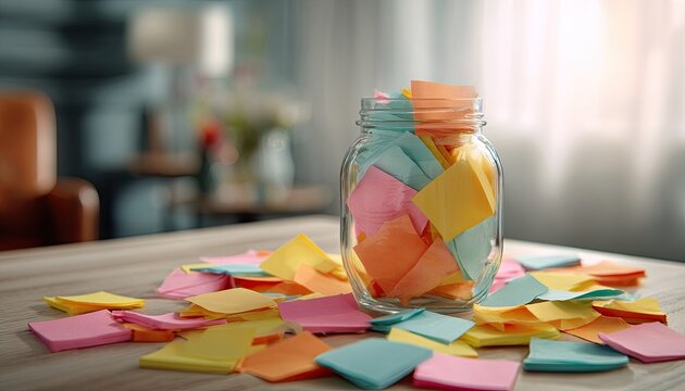 Colorful paper slips fill a glass jar and scatter on a wooden table