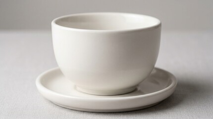 Fototapeta premium A close-up, clean shot of a simple white ceramic teacup and saucer on a neutral background, ideal for beverage or lifestyle content