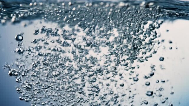 Macro close-up of tiny oxygen bubbles rising and clustering beneath the surface of a clear liquid, displaying effervescence and carbonation against a soft blue background.