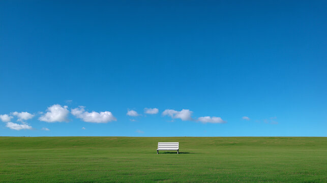 Minimal White Bench in Vast Green Meadow Under Expansive Blue Sky Mobile Photography