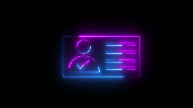 Neon NID Card Verification Icon &ndash; Animated Profile Check Mark on Black Background Concept