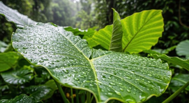Giant Elephant Ear Leaves Covered in Rain Droplets