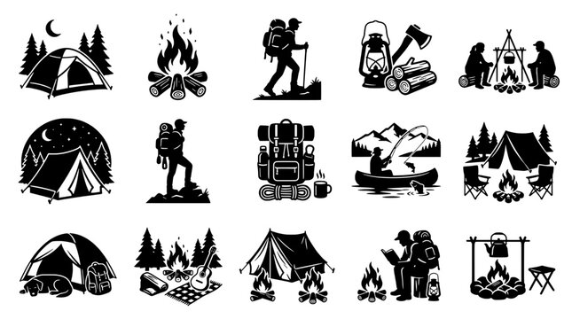 Tent camping icons set with moon, fire flame, backpacks and nature adventure symbols for outdoor activities