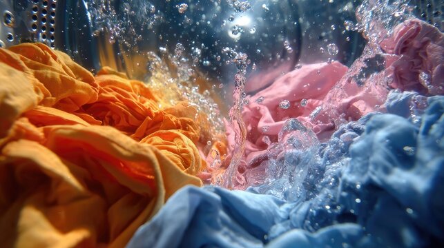 Vibrant colored clothes tumble and churn in a refreshing wash cycle