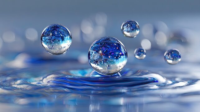 Reflective droplets hover over rippling blue liquid, capturing starry skies