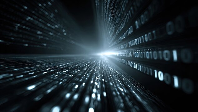 Digital tunnel of glowing binary code receding into a bright light