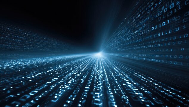 Blue digital stream of binary code rushing into a bright, luminous vanishing point