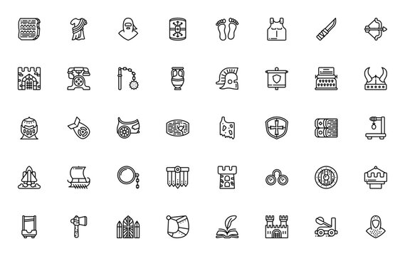 History icon set. Minimalist line icons. Includes symbols for Rosetta stone, toga, shield, armour, helmet, castle, chariot and more. Editable vector stroke.