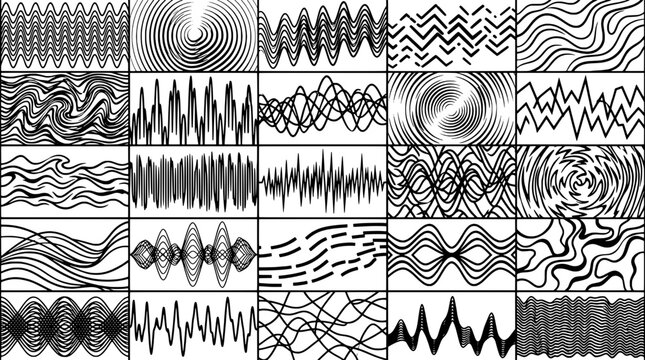 Waves line pattern seamless bundle with ornate doodle textures, zigzag stripes, spiral curves, and wavy contour motifs