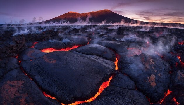 Ancient Volcanic Lava Field at Twilight with Glowing Orange Magma Cracks Steam Vents Rising Black Basalt Rock Formations Dormant Volcano Crater Rim Dramatic Indigo Sky Raw Nature Landscape