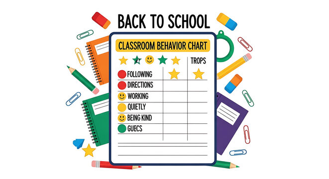 Classroom behavior chart with back to school theme and school supplies scattered around the chart ai generated