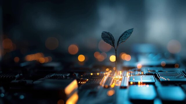 A plant emerges from a computer chip, illustrating the interaction between nature and technology in a unique way. The setting is digital and dynamic.