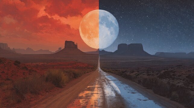 Dualistic desert landscape, road splits day and night, moon divided