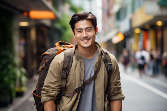 Young asian man with a backpack smiling, walking on a busy city street while traveling