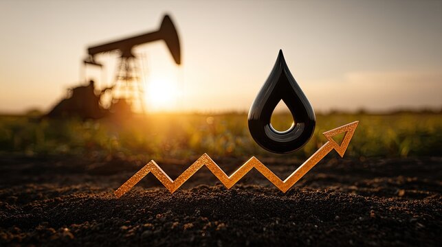 Oil drop and rising arrow with pumpjack at sunset