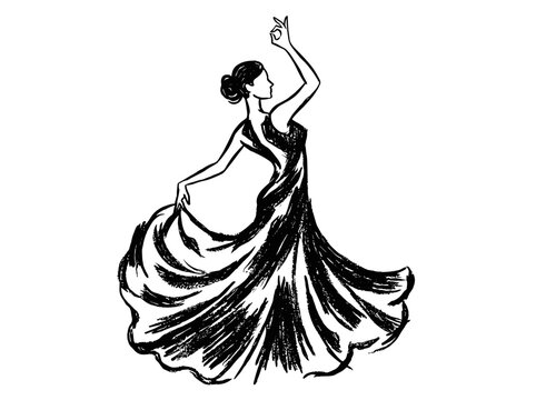 Flamenco Dancer Silhouette Illustration, Hand Drawn Sketch Vector of Traditional Spanish Woman Dancing in Elegant Dress