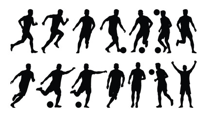 collection of soccer player silhouettes in dynamic poses against a white background silhouette © Rono