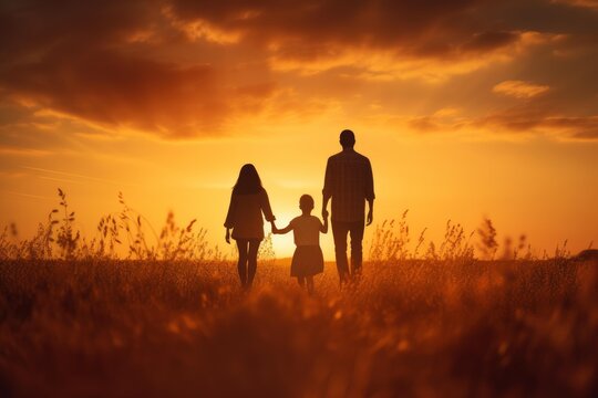 Parents and child silhouettes walking through a field at vibrant sunset