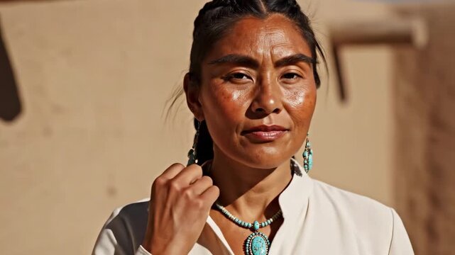 Native American woman portrait by sunlit adobe wall, white tailored blouse, turquoise earrings, braided hair, confident gaze, elegant Southwestern beauty style with warm architectural background
