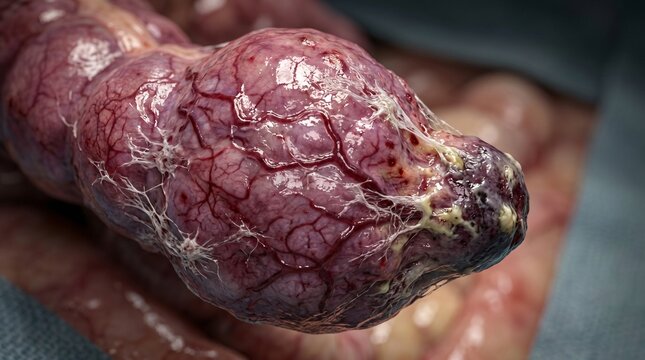 Close up of diseased human lung tissue with visible blood vessels and exudate