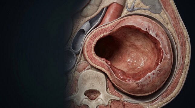 Anatomical cross section of the human digestive tract showing intestinal lumen muscular layers and surrounding tissues
