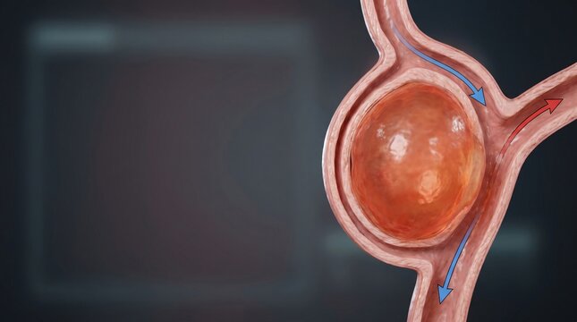 Anatomical representation of a blood vessel aneurysm with arrows indicating blood flow