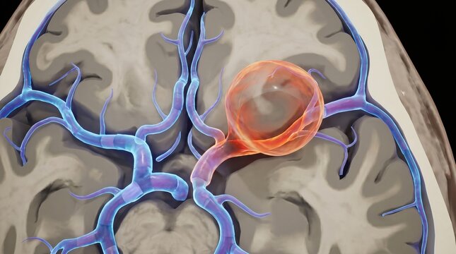 Anatomical rendering of a brain aneurysm within cerebral blood vessels and brain tissue