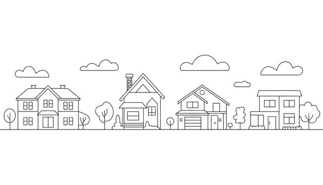 Suburban street with residential houses line vector illustration thin outline neighborhood real estate background with cottage homes and clouds