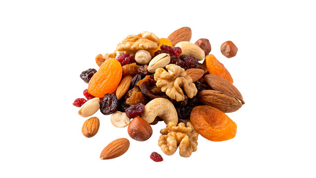 A healthy snack mix heap of assorted organic nuts and dried fruits including raisins almonds walnuts isolated on transparent background