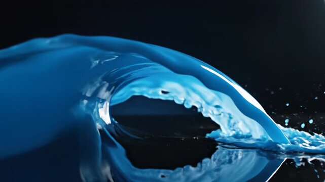 Macro shot of a viscous blue liquid forming a smooth curling wave shape against a dark background, showing glossy texture and fluid dynamics on a reflective surface in studio.