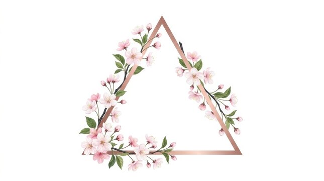 Elegant cherry blossom floral frame, rose gold triangle geometric border with pink spring flowers, botanical wedding invitation template on white background