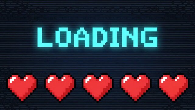 Pixelated heart loading bar representing game progress on a dark, digital background