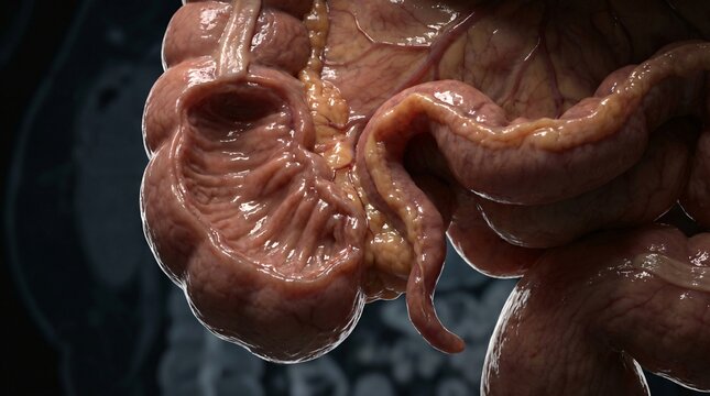 Detailed illustration of human intestines showing intricate folds and vascular network