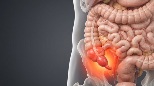 Human appendix inflamed and glowing red detailed anatomical illustration of digestive system