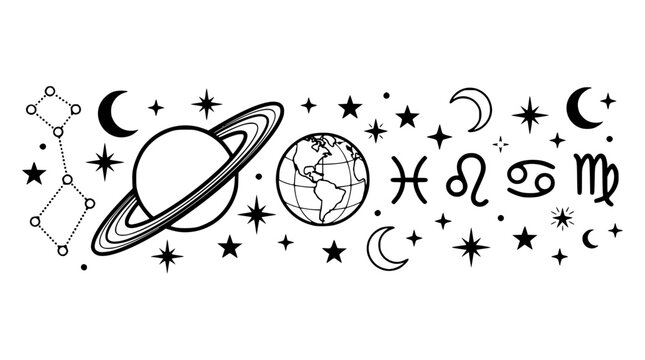 Black and white illustration of planets and zodiac signs in space
