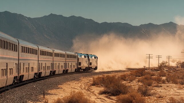 A long passenger train speeds through a dusty desert landscape