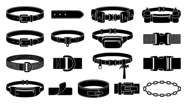 Various types of belts and buckles in black and white
