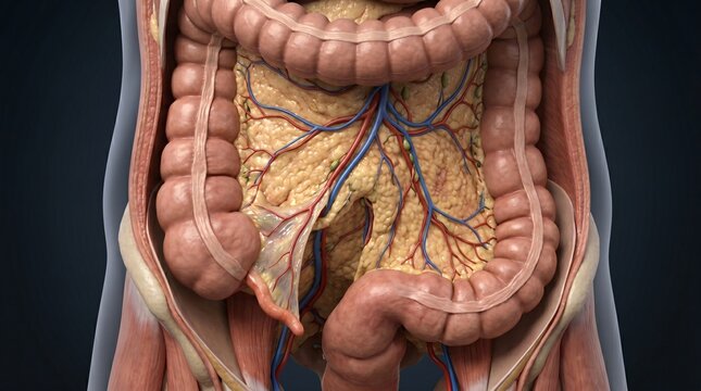 Detailed 3D illustration of the human digestive system focusing on the intestines mesentery and vascular network