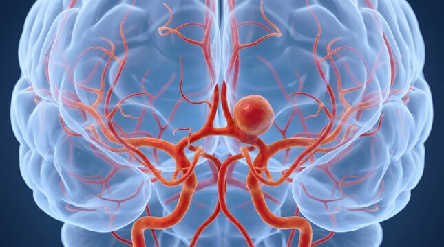 Close up view of a human brain's vascular system featuring an aneurysm