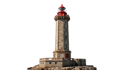 Traditional coastal stone lighthouse building with red top tower architecture landmark on sea rock base on transparent background © Anatoli