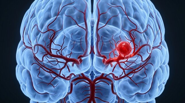 3D rendering of a human brain highlighting a red cerebral aneurysm on a vascular network