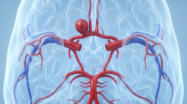 A 3D medical illustration displays a magnified view of the human brain's arterial system with a visible aneurysm