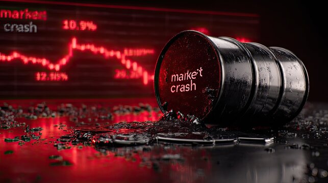 Toppled oil barrel leaks amidst a red market crash graph