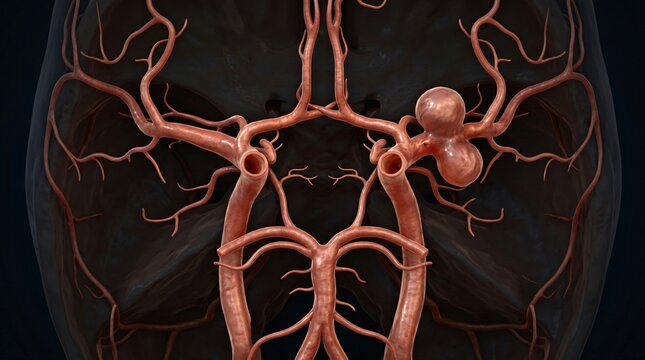 A cerebral artery shows an aneurysm a bulging blood vessel on a dark background
