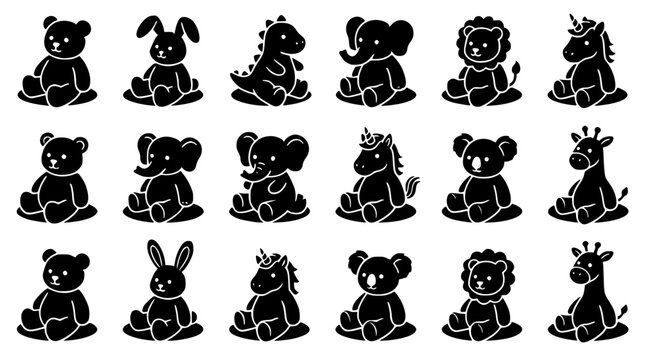 Black and white illustration of various cute animal designs
