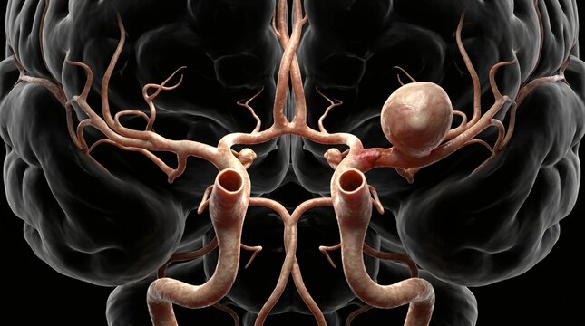 Anatomical illustration of a brain with a cerebral aneurysm on a blood vessel