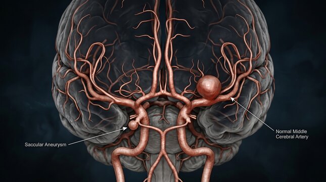Realistic 3D rendering of human brain vasculature highlighting a saccular aneurysm and normal middle cerebral artery
