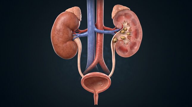 Anatomical illustration of human kidneys ureters and bladder showing kidney stones in one kidney