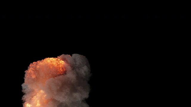 Fire explosion with thick smoke rising on alpha channel. Realistic flame burst with heavy smoke. Industrial fire blast with rising smoke trail isolated